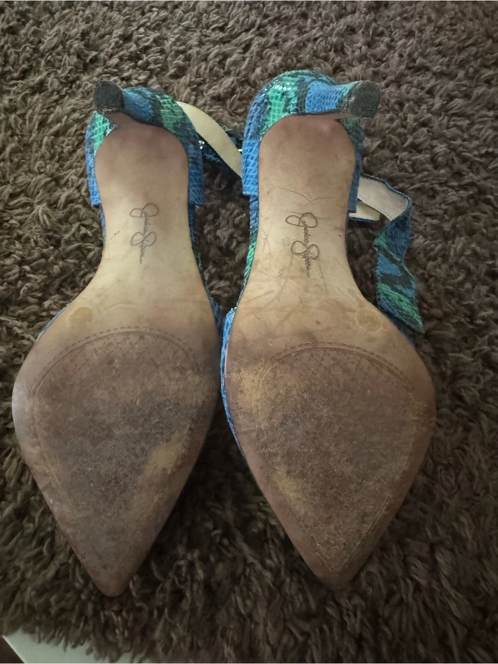 Jessica Simpson Blue and Green Snake-Print Pointed-Toe Ankle-Strap Heels